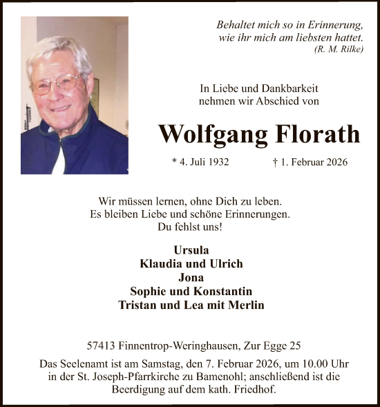 Traueranzeige von Wolfgang Florath von HASK
