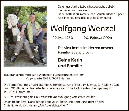 Traueranzeige von Wolfgang Wenzel von HAWA
