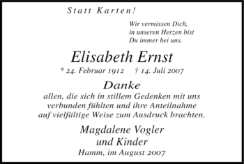 Traueranzeige von ELisabeth Ernst