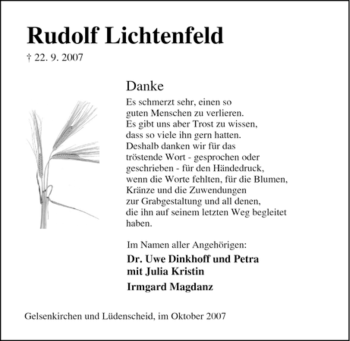 Traueranzeige von Rudolf Lichtenfeld