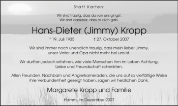 Traueranzeige von Hans-Dieter (Jimmy) Kropp