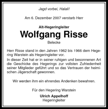 Traueranzeige von Wolfgang Risse
