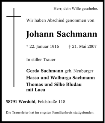 Traueranzeige von Johann Sachmann