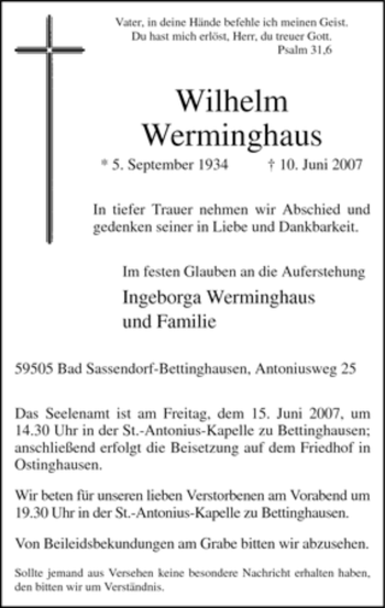 Traueranzeige von Wilhelm Werminghaus
