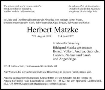 Traueranzeige von Herbert Matzke