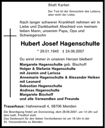Traueranzeige von Hubert Josef Hagenschulte