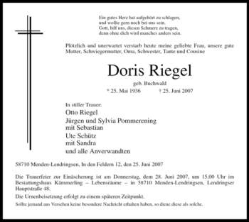 Traueranzeige von Doris Riegel