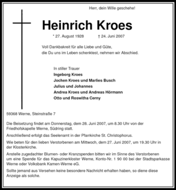 Traueranzeige von Heinrich Kroes
