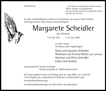 Traueranzeige von Margarete Scheidler