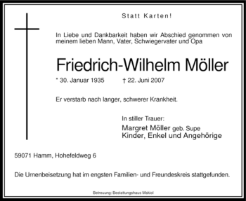 Traueranzeige von Friedrich Wilhelm Möller