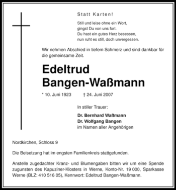 Traueranzeige von Edeltrud Bangen-Waßmann