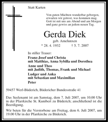 Traueranzeige von Gerda Diek