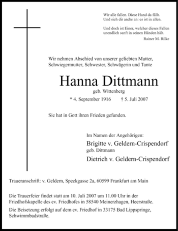 Traueranzeige von Hanna Dittmann