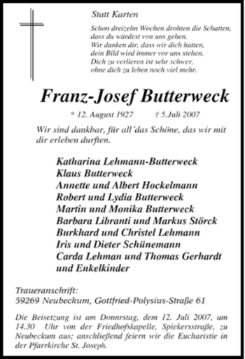 Traueranzeige von Franz-Josef Butterweck