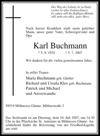 Traueranzeige von Karl Buchmann