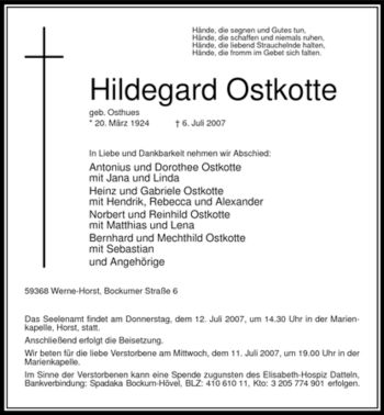 Traueranzeige von Hildegard Ostkotte