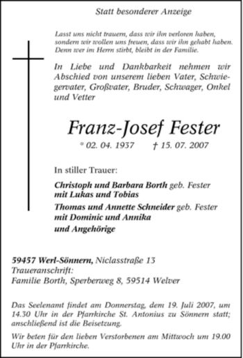 Traueranzeige von Franz-Josef Fester