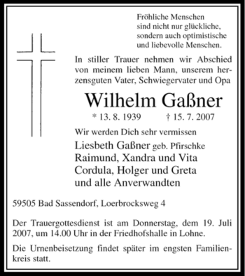 Traueranzeige von Wilhelm Gaßner