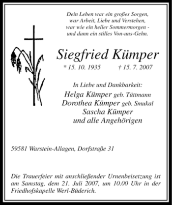 Traueranzeige von Siegfried Kümper