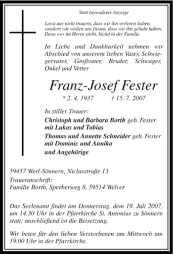 Traueranzeige von Franz-Josef Fester