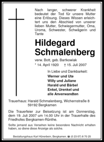 Traueranzeige von Hildegard Schmalenberg
