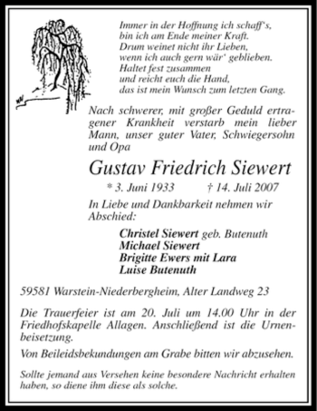 Traueranzeige von Gustav Friedrich Siewert