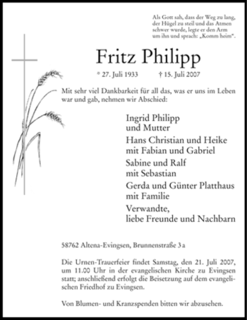 Traueranzeige von Fritz Philipp