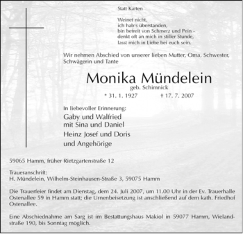 Traueranzeige von Monika Mündelein