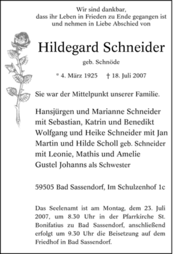 Traueranzeige von Hildegard Schneider