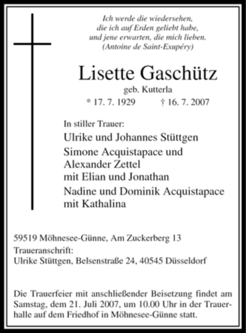 Traueranzeige von Lisette Gaschütz
