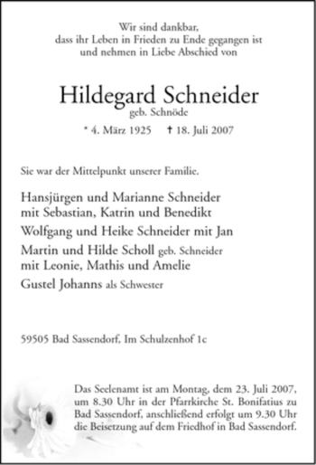 Traueranzeige von Hildegard Schneider