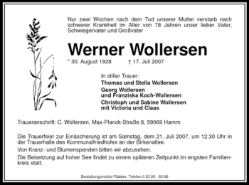 Traueranzeige von Werner Wollersen