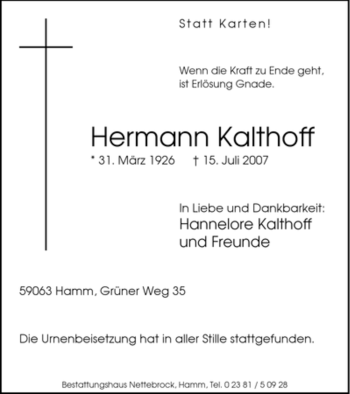 Traueranzeige von Hermann Kalthoff