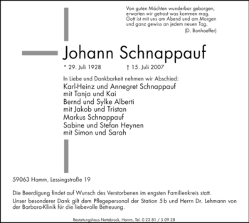 Traueranzeige von Johann Schnappauf