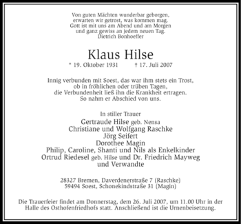 Traueranzeige von Klaus Hilse