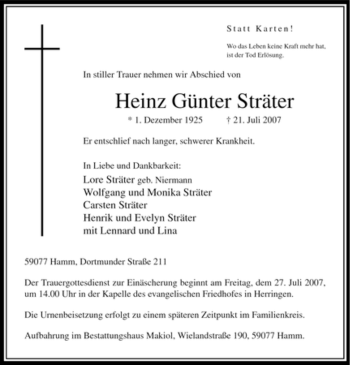 Traueranzeige von Heinz Günter Sträter