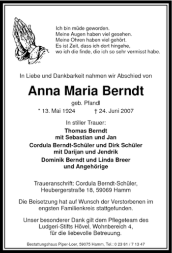 Traueranzeige von Anna Maria Berndt