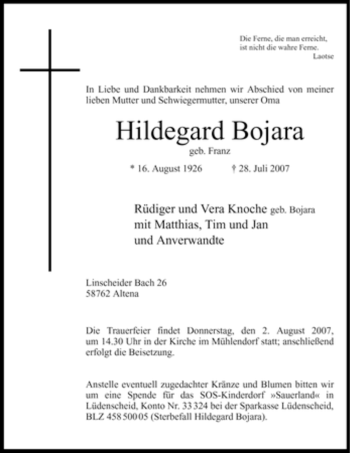 Traueranzeige von Hildegard Bojara
