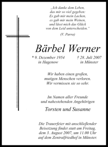 Traueranzeige von Bärbel Werner