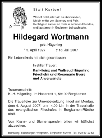 Traueranzeige von Hildegard Wortmann