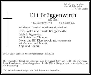 Traueranzeige von Elli Brüggenwirth
