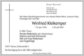 Traueranzeige von Winfried Kleikemper