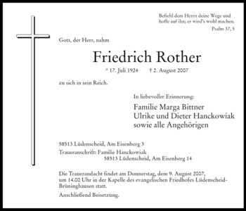 Traueranzeige von Friedrich Rother