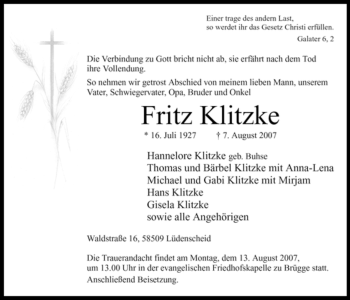 Traueranzeige von Fritz Klitzke