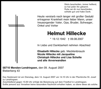 Traueranzeige von Helmut Hillecke
