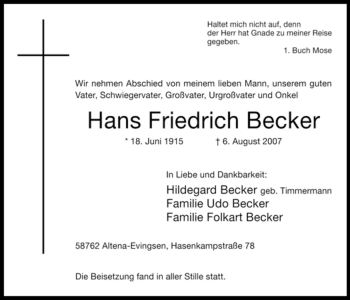 Traueranzeige von Hans Friedrich Becker