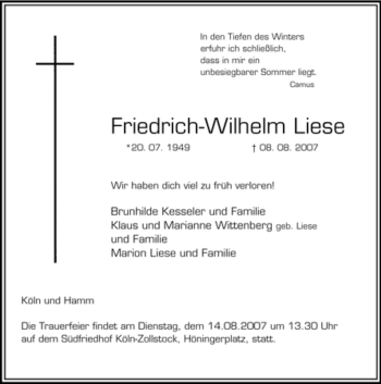 Traueranzeige von Friedrich-Wilhelm Liese