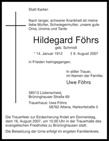 Traueranzeige von Hildegard Föhrs