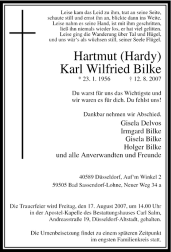 Traueranzeige von Hartmut Karl Wilfried Bilke