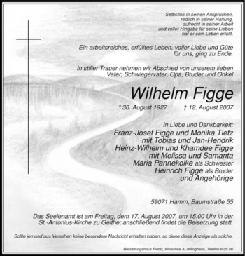 Traueranzeige von Wilhelm Figge